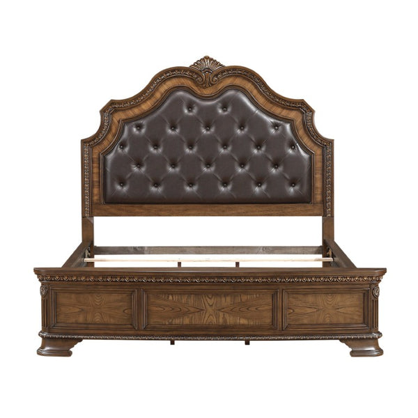 English Elm Eastern King Sleigh Bedroom Set Tufted Faux Leather Carved Wood Dark Brown 4 Piece B011S04781