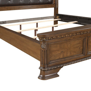 English Elm Eastern King Sleigh Bedroom Set Tufted Faux Leather Carved Wood Dark Brown 4 Piece B011S04781