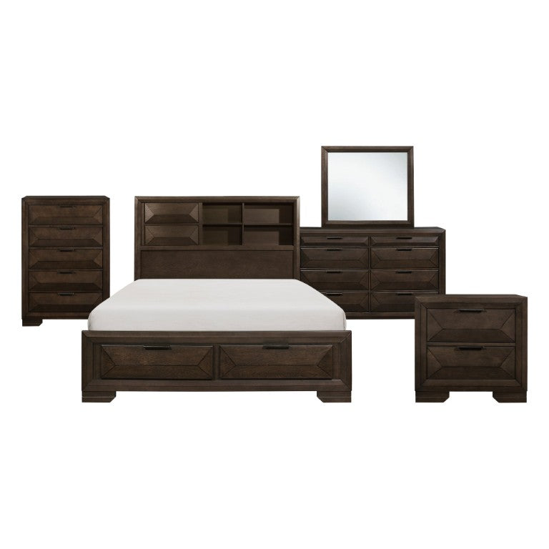 English Elm California King Bedroom Set Birch Veneer Espresso Five Piece Suite with Storage Bed B011S04806