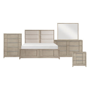 English Elm California King Bedroom Set Five Piece Ash Veneer Gray Upholstered Storage Bed B011S04812