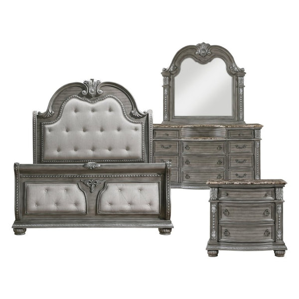 English Elm California King Bedroom Set with Carved Acacia Marble Tops and Tufted Sleigh Bed B011S04850