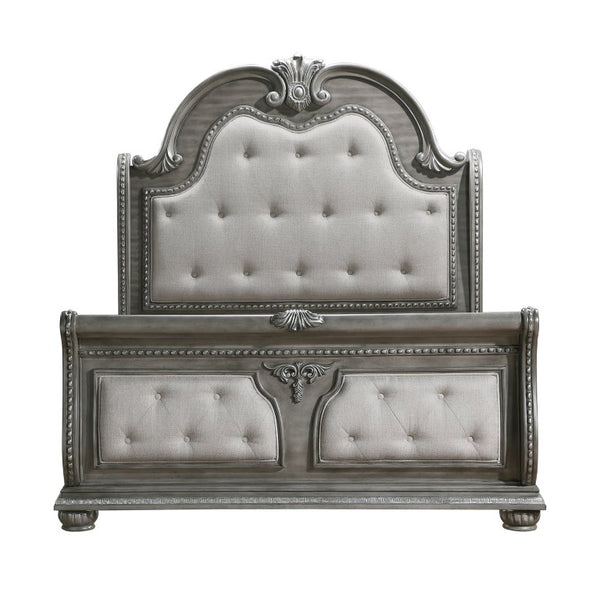 English Elm California King Bedroom Set with Carved Acacia Marble Tops and Tufted Sleigh Bed B011S04850