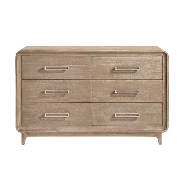 English Elm California King Bedroom Set Oak Veneer Chenille Upholstered Bed with Dresser Mirror Nightstand B011S04866