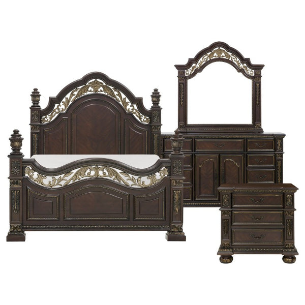 English Elm Queen Bedroom Set Old World Cherry Wood Carved Ornamental 4 Piece Master Suite B011S04892