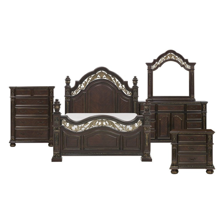 English Elm Queen Bedroom Set Five Piece Old World Cherry Finish with Carved Ornate Detail B011S04893