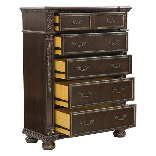 English Elm Queen Bedroom Set Five Piece Old World Cherry Finish with Carved Ornate Detail B011S04893