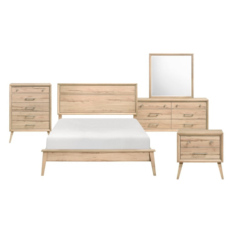 English Elm Queen Bed Set Five Piece Mid-Century Modern Suite with Natural Oak Melamine Finish B011S04899