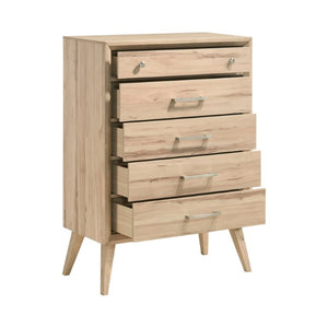 English Elm Queen Bed Set Five Piece Mid-Century Modern Suite with Natural Oak Melamine Finish B011S04899