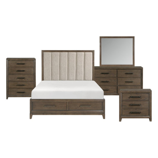 English Elm California King Bedroom Set Walnut Veneer Chenille Headboard and Matching Storage Pieces B011S04917