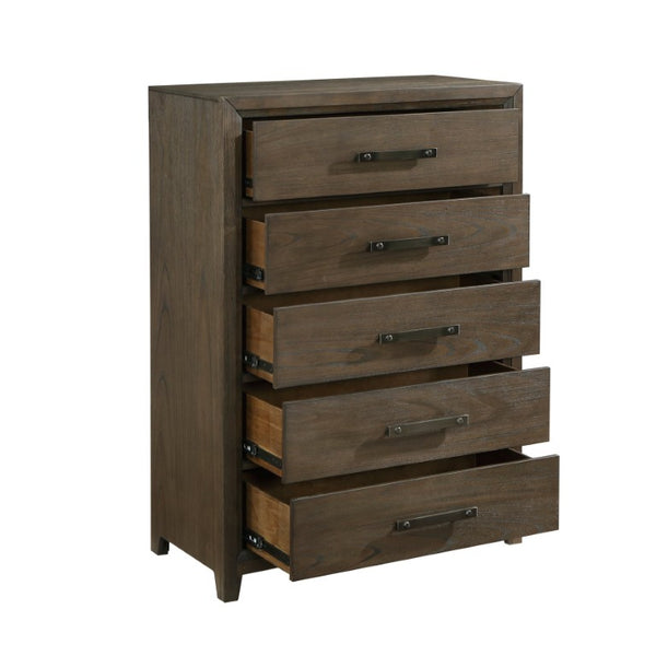 English Elm California King Bedroom Set Walnut Veneer Chenille Headboard and Matching Storage Pieces B011S04917