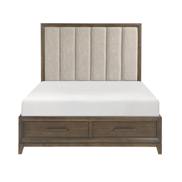 English Elm California King Bedroom Set Walnut Veneer Chenille Headboard and Matching Storage Pieces B011S04917