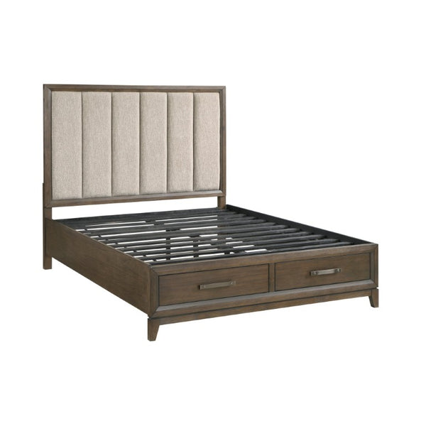 English Elm California King Bedroom Set Walnut Veneer Chenille Headboard and Matching Storage Pieces B011S04917