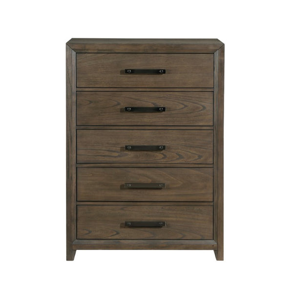 English Elm Queen Bedroom Set 5 Piece Mindy Veneer Dark Walnut Tufted Chenille Headboard Suite B011S04919