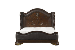English Elm Eastern King Bedroom Set with Carved Headboard Faux Leather and Dark Cherry Veneer B011S04920