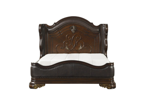 English Elm California King Bedroom Set Cherry Veneer Carved Wood Faux Leather Nailhead 4 Pc B011S04922
