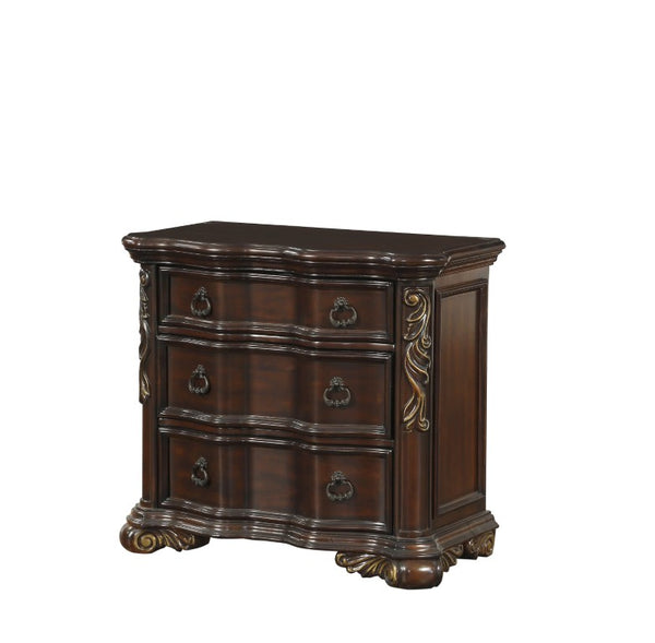 English Elm Queen Bedroom Set with Carved Scrollwork Faux Leather Headboard and Cherry Veneer Finish B011S04924