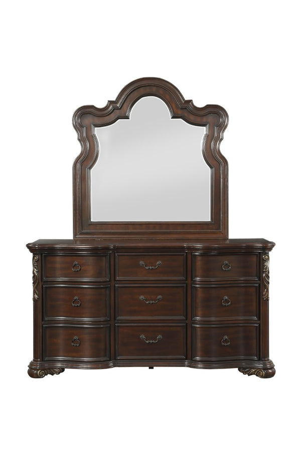English Elm Queen Bedroom Set with Carved Scrollwork Faux Leather Headboard and Cherry Veneer Finish B011S04924