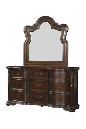 English Elm Queen Bedroom Set with Carved Scrollwork Faux Leather Headboard and Cherry Veneer Finish B011S04924