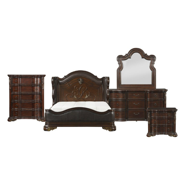 English Elm Queen Bedroom Set Five Piece Traditional Cherry Veneer with Carved Scrollwork Detail B011S04925