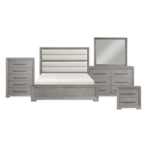 English Elm California King 5 Piece Bedroom Set with Oak Veneer Upholstered Headboard Gray Finish B011S04929