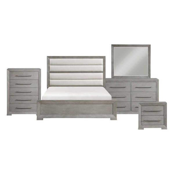 English Elm California King 5 Piece Bedroom Set with Oak Veneer Upholstered Headboard Gray Finish B011S04929