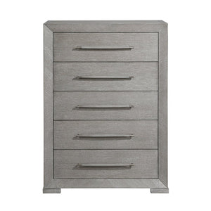 English Elm California King 5 Piece Bedroom Set with Oak Veneer Upholstered Headboard Gray Finish B011S04929