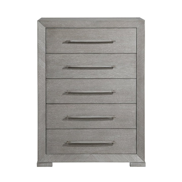 English Elm California King 5 Piece Bedroom Set with Oak Veneer Upholstered Headboard Gray Finish B011S04929