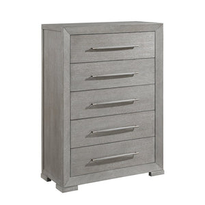 English Elm California King 5 Piece Bedroom Set with Oak Veneer Upholstered Headboard Gray Finish B011S04929