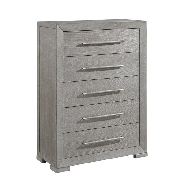 English Elm California King 5 Piece Bedroom Set with Oak Veneer Upholstered Headboard Gray Finish B011S04929