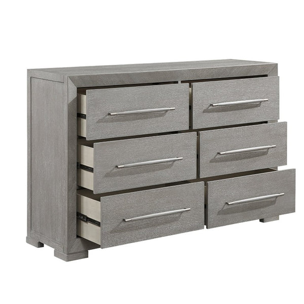 English Elm Queen Bedroom Set with Upholstered Headboard Oak Veneer Dresser Mirror Nightstand B011S04930