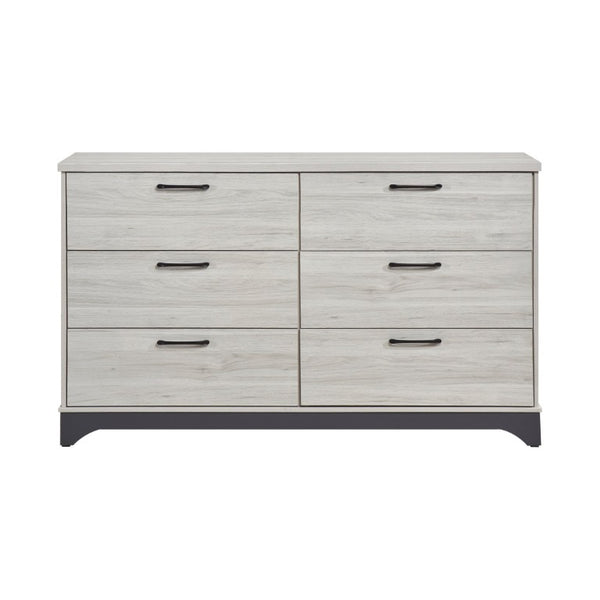 English Elm Twin Bedroom Set with Upholstered Bed Dresser Mirror and Nightstand in Gray Oak B011S04940