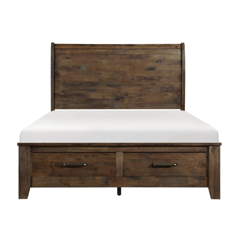 English Elm Queen Bedroom Set Solid Rubberwood Plank Style Transitional Rustic Burnished Brown 4 Piece B011S04986
