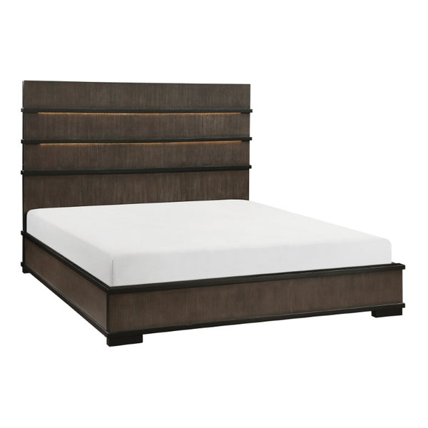 English Elm Queen Bed Set with LED Headboard Oak Veneer Dresser Mirror and Nightstand Included B011S05014