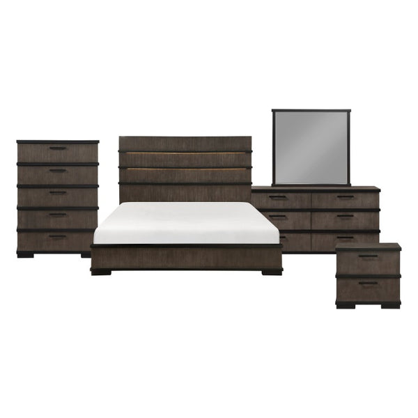 English Elm Queen Bedroom Set Oak Veneer Industrial Finish with LED Headboard and Black Hardware B011S05015