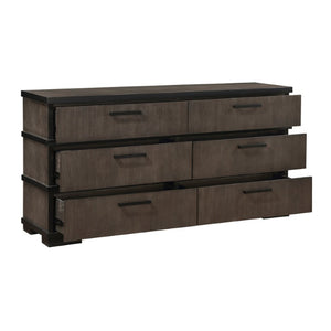 English Elm Queen Bedroom Set Oak Veneer Industrial Finish with LED Headboard and Black Hardware B011S05015