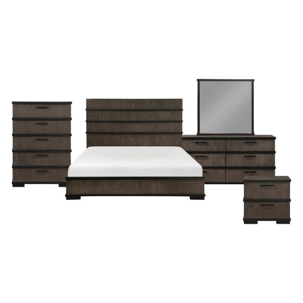 English Elm Queen Bedroom Set Oak Veneer Industrial Finish with LED Headboard and Black Hardware B011S05015
