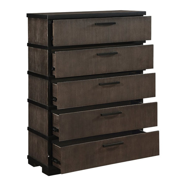 English Elm Queen Bedroom Set Oak Veneer Industrial Finish with LED Headboard and Black Hardware B011S05015