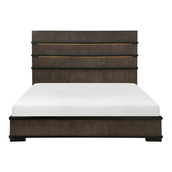 English Elm Queen Bedroom Set Oak Veneer Industrial Finish with LED Headboard and Black Hardware B011S05015