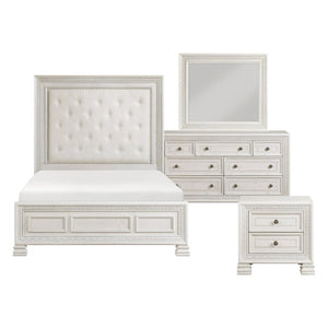 English Elm Eastern King Bedroom Set with Carved Molding Tufted Mansion Headboard in Pearl White B011S05028