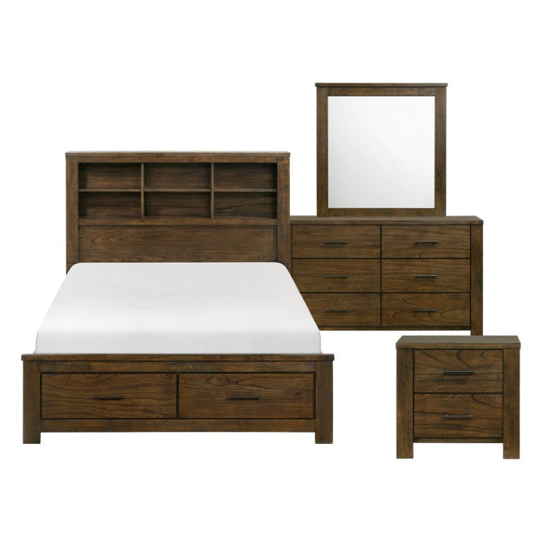 English Elm Queen Bedroom Set Wire Brushed Oak Veneer with Bookcase Headboard and Storage B011S05035
