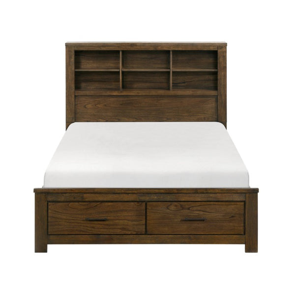 English Elm Full Bedroom Set Wire Brushed Oak Veneer with Bookcase Headboard and Storage B011S05038