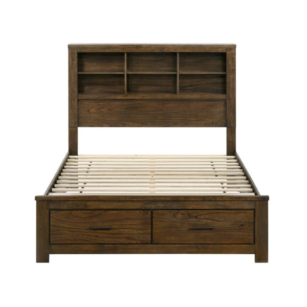 English Elm Full Bedroom Set Wire Brushed Oak Veneer with Bookcase Headboard and Storage B011S05038