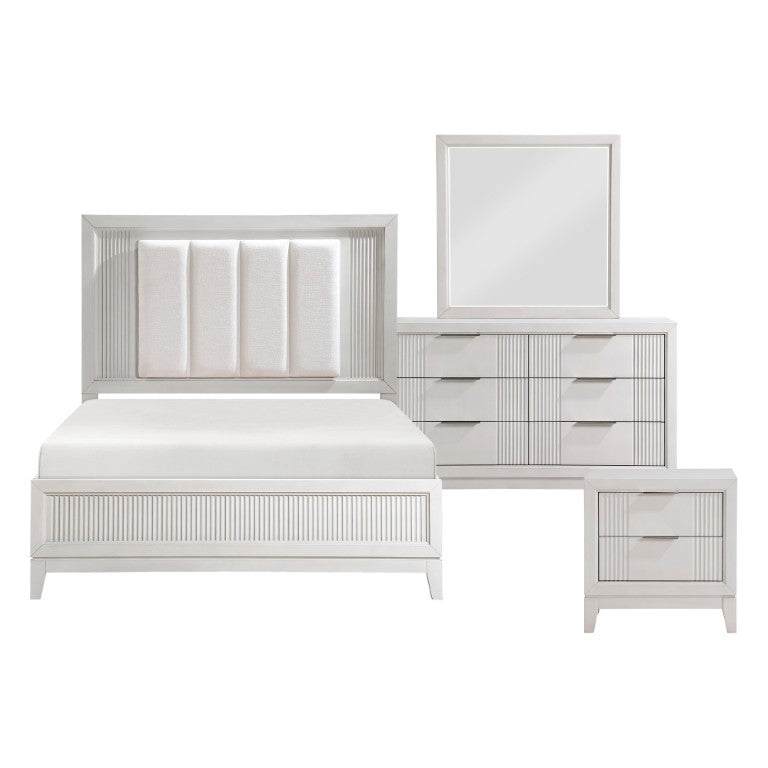 English Elm Eastern King Bedroom Set with LED Headboard Antique White Reeded Wood 4 Piece B011S05049