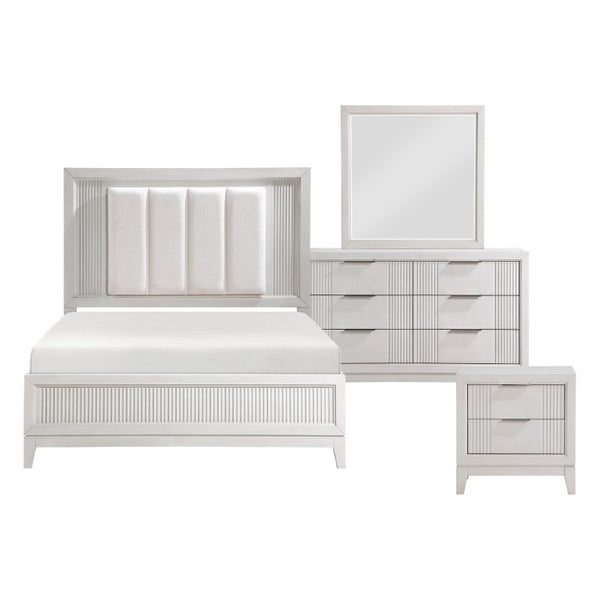 English Elm California King Bedroom Set Antique White Wood with LED Upholstered Headboard B011S05051