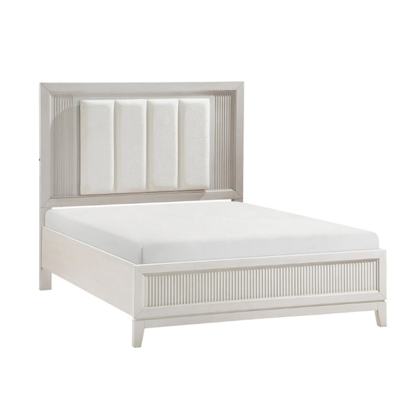 English Elm California King Bedroom Set Antique White Wood with LED Upholstered Headboard B011S05051