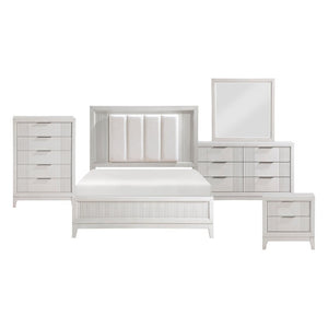 English Elm California King Florence 5 Piece Bedroom Set with LED Headboard Antique White Finish B011S05052