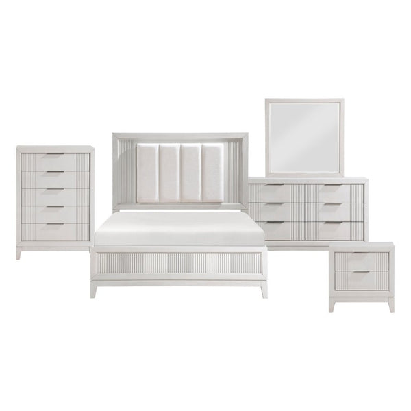 English Elm California King Florence 5 Piece Bedroom Set with LED Headboard Antique White Finish B011S05052