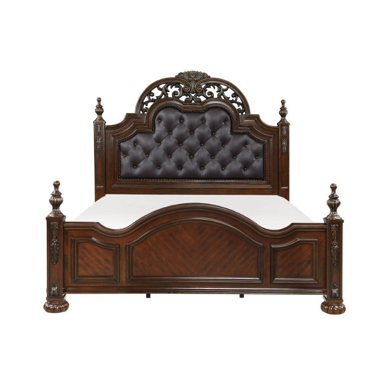 English Elm California King Five Piece Bedroom Set with Cherry Finish and Ornate Carved Detail B011S05058