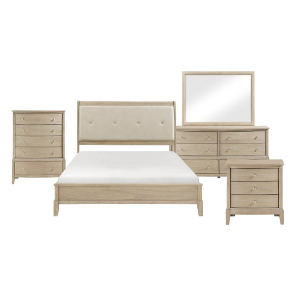 English Elm California King 5 Piece Bedroom Set Tufted Faux Leather Headboard Farmhouse Beige B011S05064
