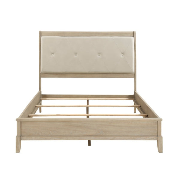 English Elm California King 5 Piece Bedroom Set Tufted Faux Leather Headboard Farmhouse Beige B011S05064